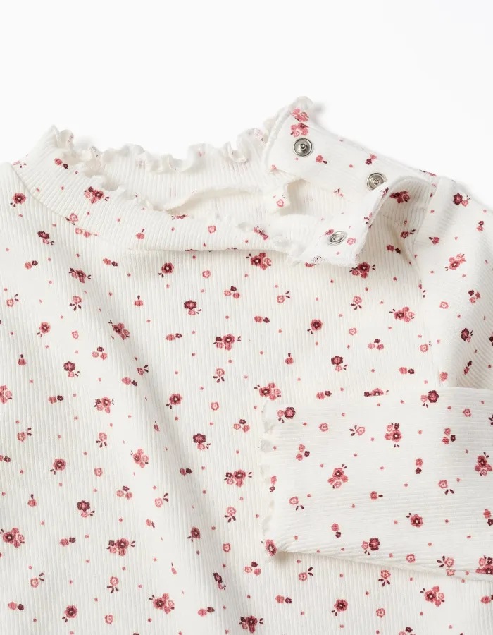 Long sleeve ribbed T-shirt with floral pattern for baby girls, white