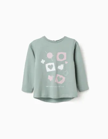 Long sleeve cotton T-shirt with hearts for baby girls, light green