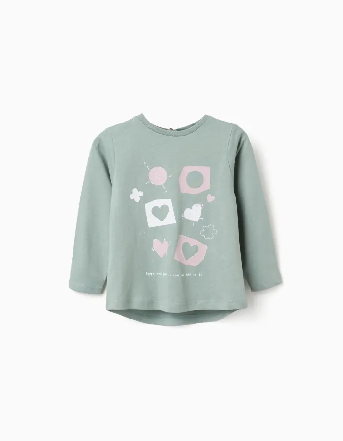 Long sleeve cotton T-shirt with hearts for baby girls, light green
