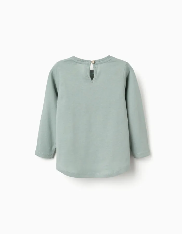 Long sleeve cotton T-shirt with hearts for baby girls, light green