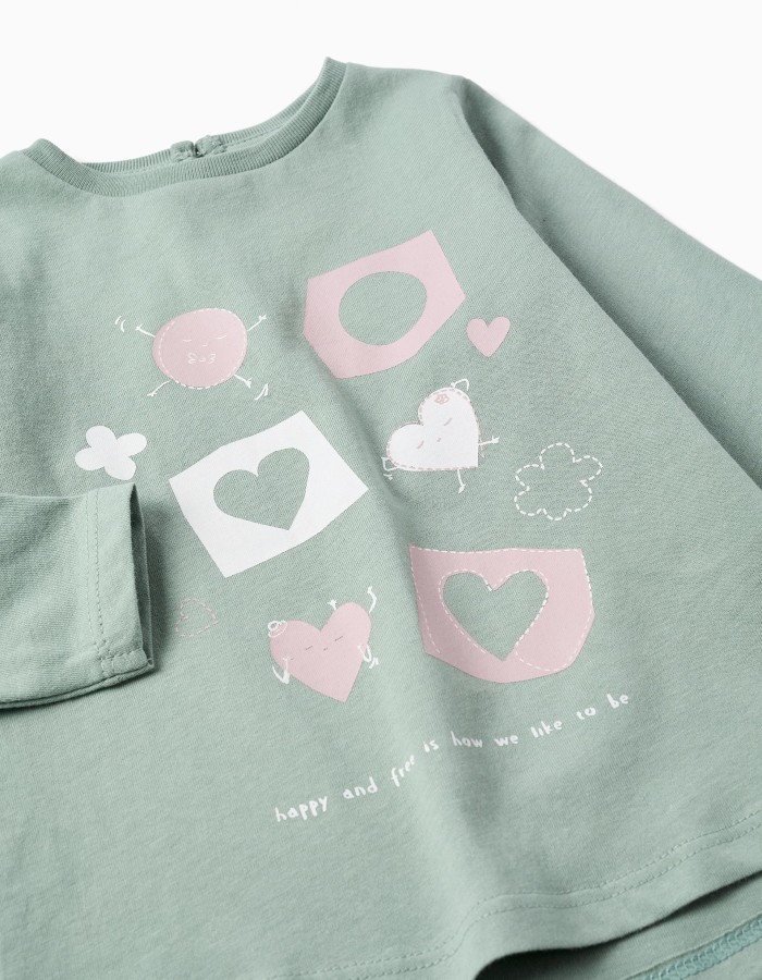 Long sleeve cotton T-shirt with hearts for baby girls, light green