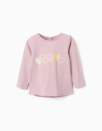 Long sleeve cotton T-shirt with hearts for baby girls, lilac