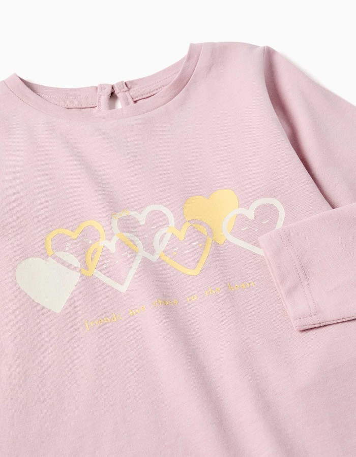 Long sleeve cotton T-shirt with hearts for baby girls, lilac