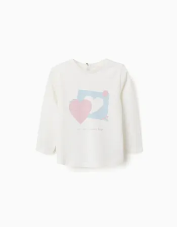 Long sleeve cotton T-shirt with hearts for baby girls, white