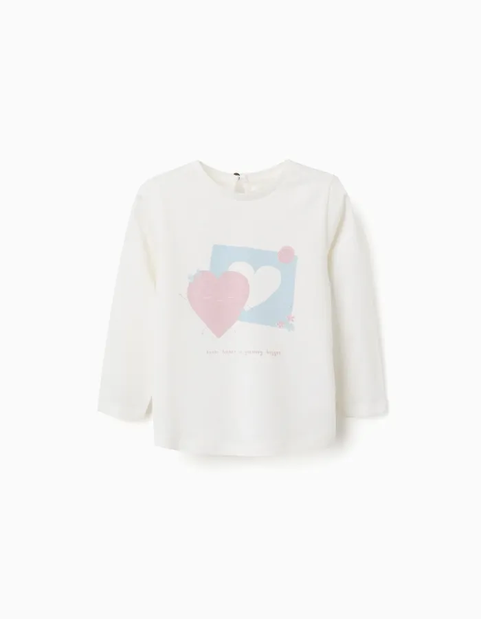 Long sleeve cotton T-shirt with hearts for baby girls, white