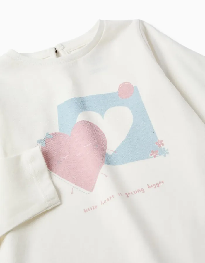 Long sleeve cotton T-shirt with hearts for baby girls, white