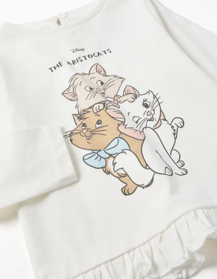 Long sleeve cotton T-shirt with The Aristocats for baby girls, white