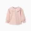 Long sleeve T-shirt with broderie anglaise collar for baby girls, pink