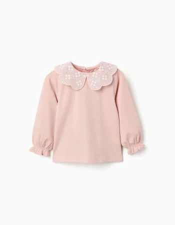 Long sleeve T-shirt with broderie anglaise collar for baby girls, pink