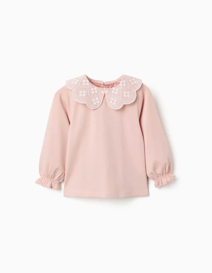 Long sleeve T-shirt with broderie anglaise collar for baby girls, pink
