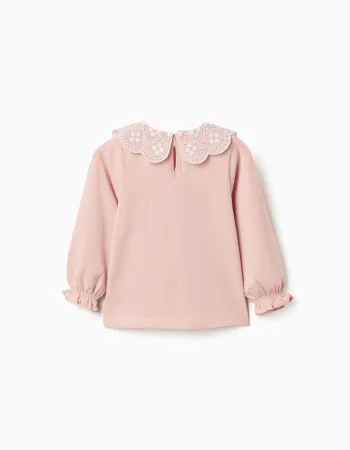 Long sleeve T-shirt with broderie anglaise collar for baby girls, pink