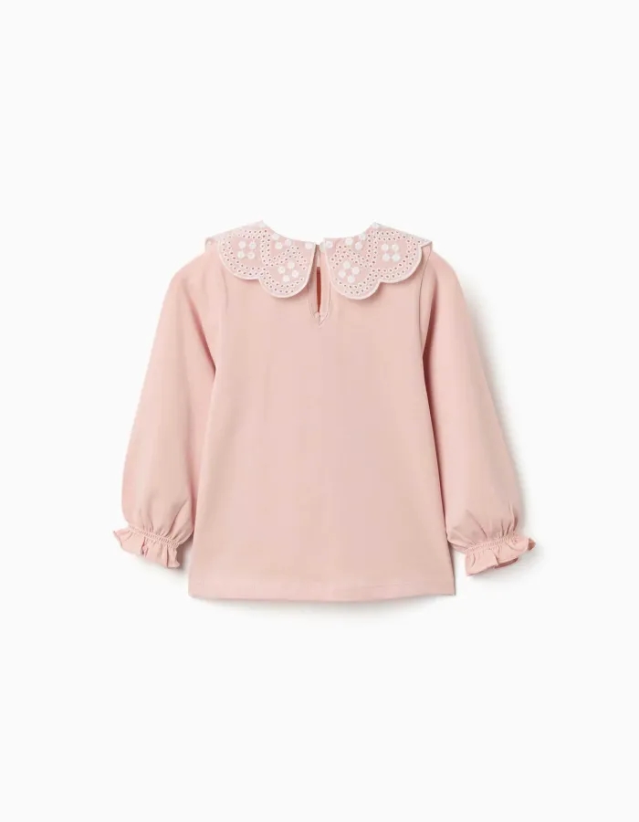 Long sleeve T-shirt with broderie anglaise collar for baby girls, pink