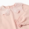 Long sleeve T-shirt with broderie anglaise collar for baby girls, pink