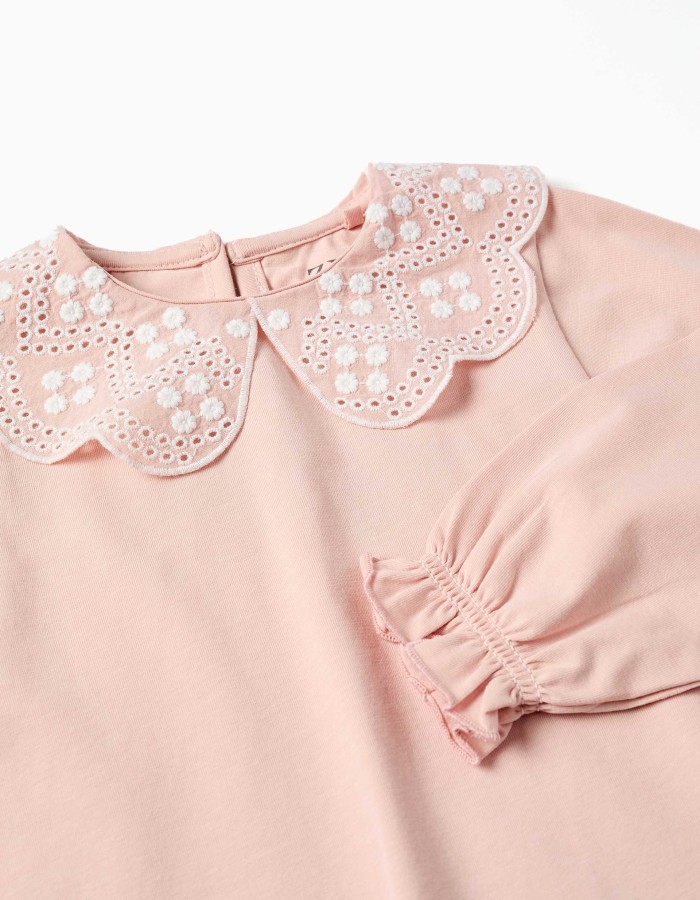 Long sleeve T-shirt with broderie anglaise collar for baby girls, pink