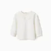 Long sleeve T-shirt with broderie anglaise collar for baby girls, white