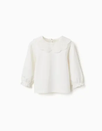 Long sleeve T-shirt with broderie anglaise collar for baby girls, white
