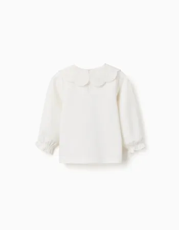 Long sleeve T-shirt with broderie anglaise collar for baby girls, white