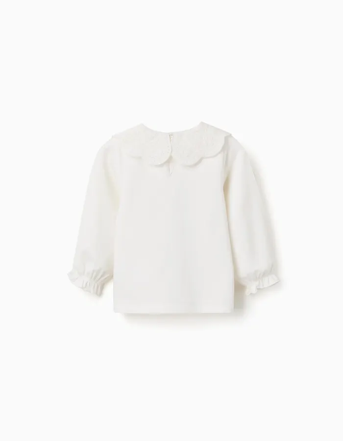 Long sleeve T-shirt with broderie anglaise collar for baby girls, white