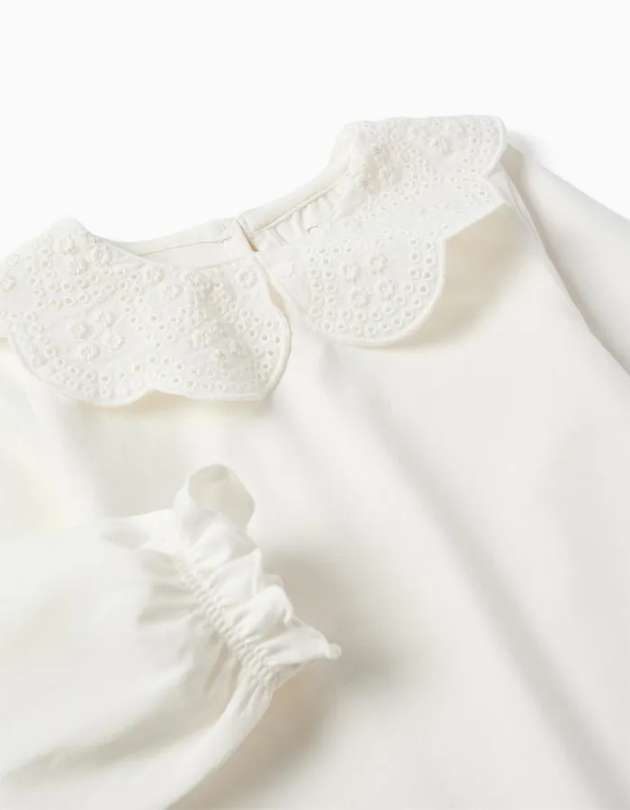 Long sleeve T-shirt with broderie anglaise collar for baby girls, white