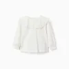 Long sleeve T-shirt with embroidered maxi collar for baby girls, white