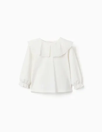 Long sleeve T-shirt with embroidered maxi collar for baby girls, white