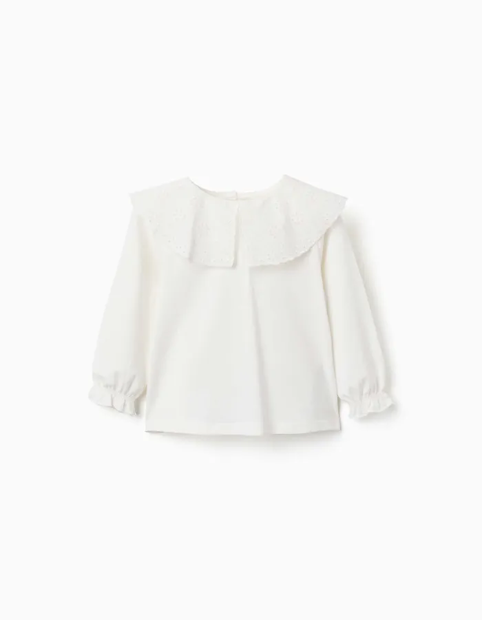 Long sleeve T-shirt with embroidered maxi collar for baby girls, white