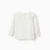 Long sleeve T-shirt with embroidered maxi collar for baby girls, white