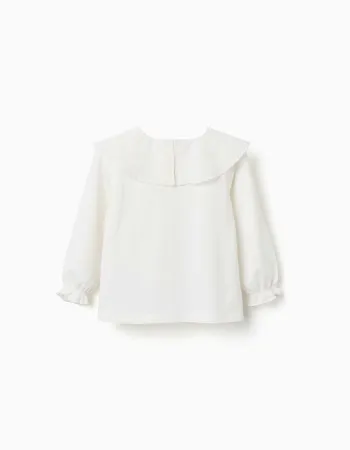 Long sleeve T-shirt with embroidered maxi collar for baby girls, white