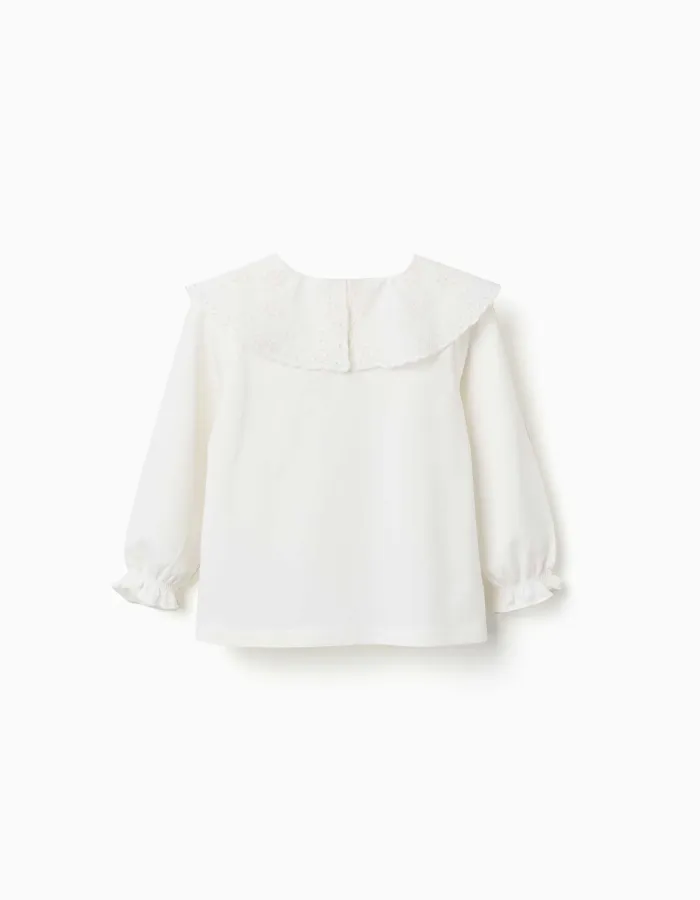 Long sleeve T-shirt with embroidered maxi collar for baby girls, white
