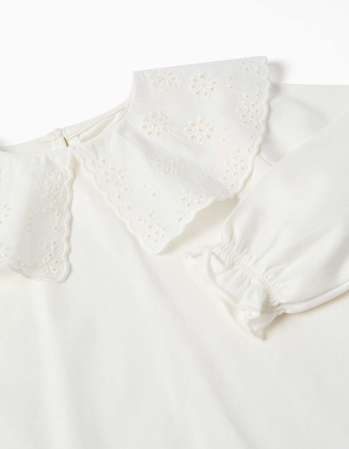 Long sleeve T-shirt with embroidered maxi collar for baby girls, white