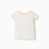 Cotton T-shirt with embroidered collar for baby girls, light beige/pink
