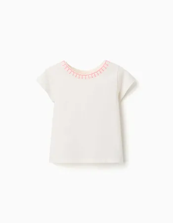 Cotton T-shirt with embroidered collar for baby girls, light beige/pink