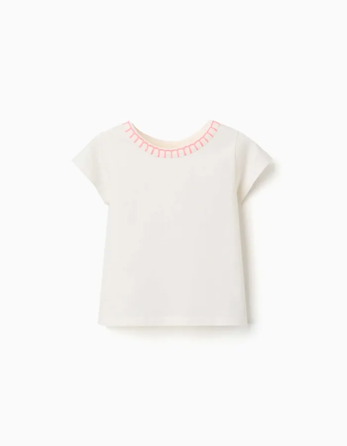 Cotton T-shirt with embroidered collar for baby girls, light beige/pink