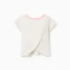 Cotton T-shirt with embroidered collar for baby girls, light beige/pink