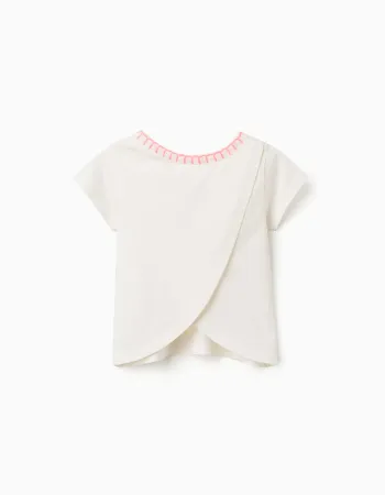 Cotton T-shirt with embroidered collar for baby girls, light beige/pink