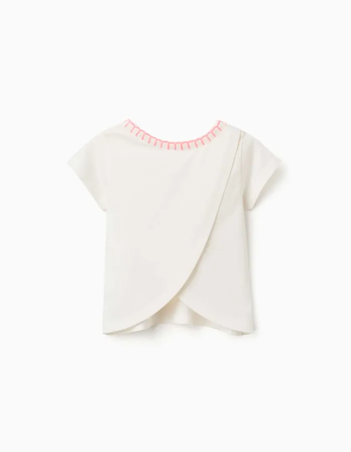 Cotton T-shirt with embroidered collar for baby girls, light beige/pink