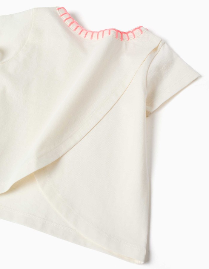 Cotton T-shirt with embroidered collar for baby girls, light beige/pink