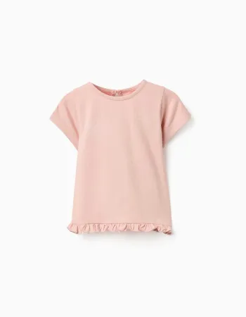 Cotton T-shirt with print and ruffled hem for baby girls, light pink