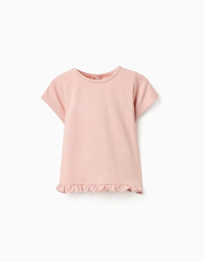 Cotton T-shirt with print and ruffled hem for baby girls, light pink