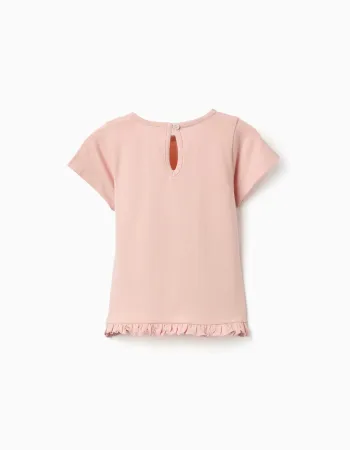 Cotton T-shirt with print and ruffled hem for baby girls, light pink