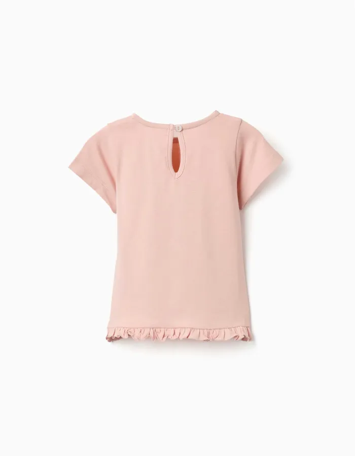 Cotton T-shirt with print and ruffled hem for baby girls, light pink