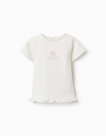 Cotton T-shirt with print and ruffled hem for baby girls, white