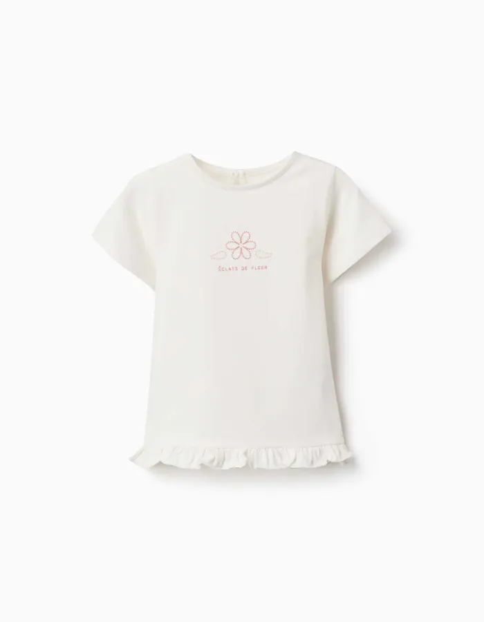 Cotton T-shirt with print and ruffled hem for baby girls, white