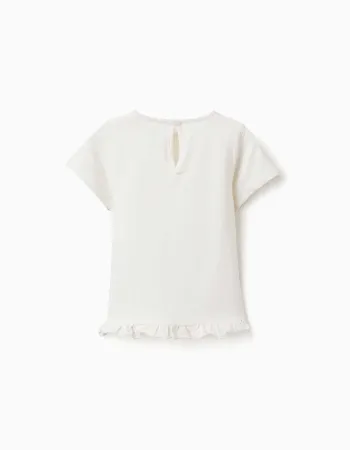 Cotton T-shirt with print and ruffled hem for baby girls, white