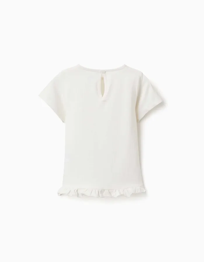 Cotton T-shirt with print and ruffled hem for baby girls, white