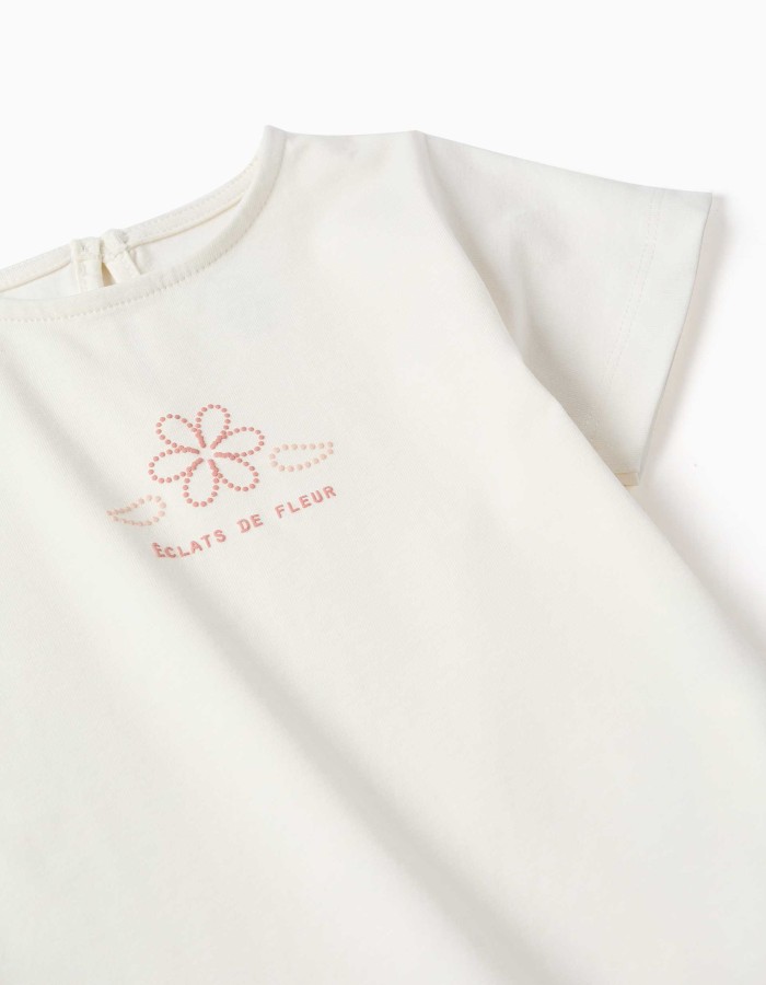 Cotton T-shirt with print and ruffled hem for baby girls, white