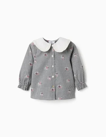 Cotton gingham shirt with floral print for baby girls, white/navy blue