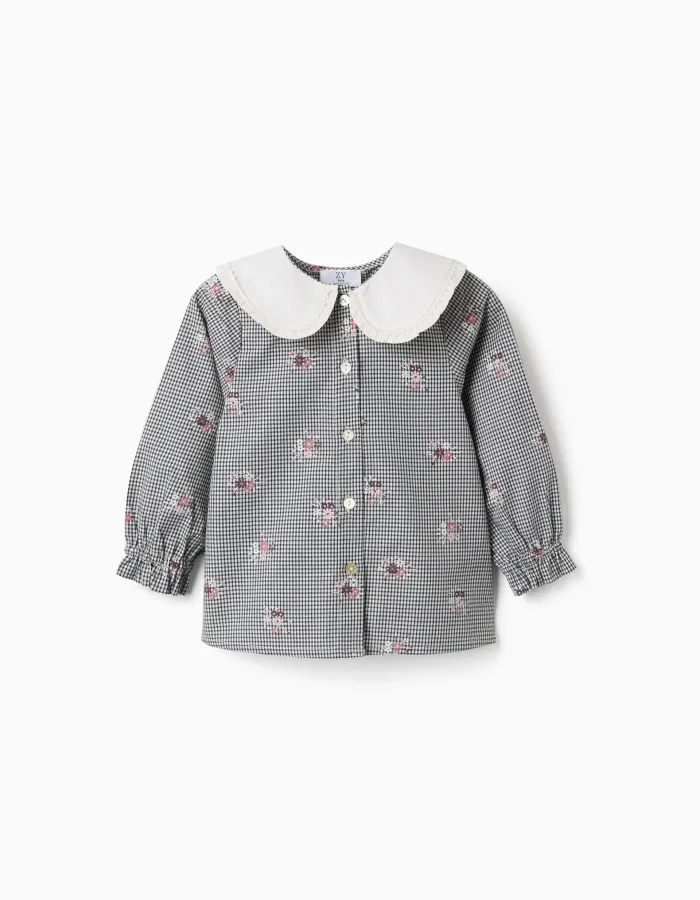 Cotton gingham shirt with floral print for baby girls, white/navy blue