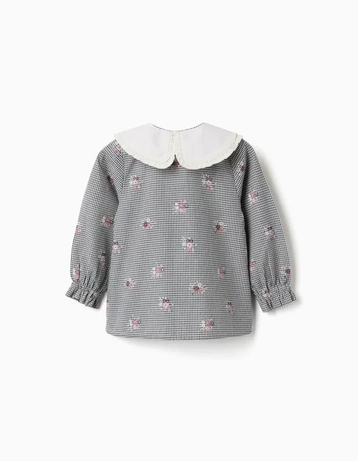 Cotton gingham shirt with floral print for baby girls, white/navy blue