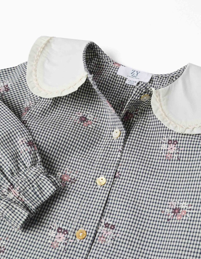 Cotton gingham shirt with floral print for baby girls, white/navy blue